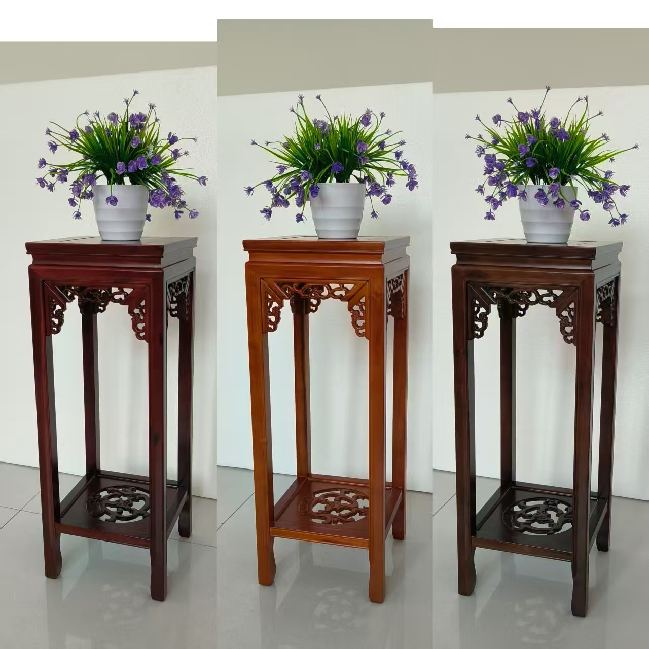 可移动中式榆木多层家用花架