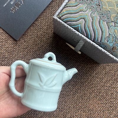 非遗朱家汝窑天青釉支钉烧竹节壶