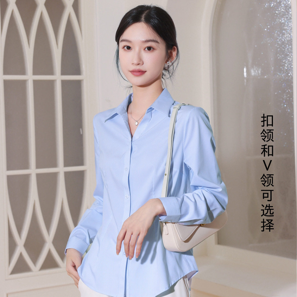 广州夏季新款女装条纹女式衬杉女长袖衬衣气质修身时尚衬衣上衣
