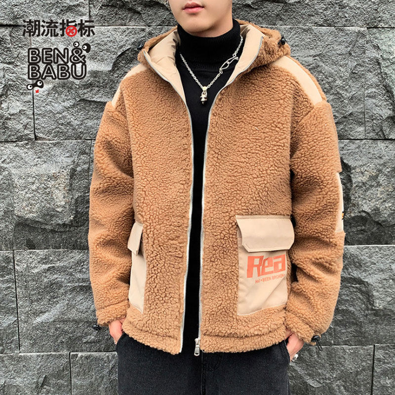 潮流指标潮牌舒适韩版羊羔绒翻盖印花口袋开衫连帽外套棉服宽松