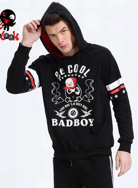 潮流指标/ 酷样黑色BEN公仔组合图案连帽卫衣卡通韩版男女同款