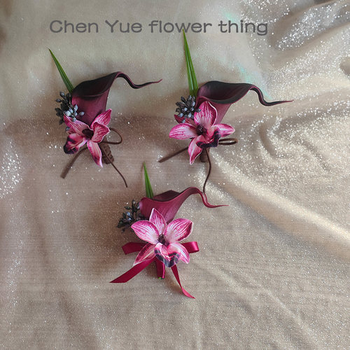 高级胸花手腕花马蹄莲兰花仿真花结婚礼庆典毕业西装襟花复古紫红