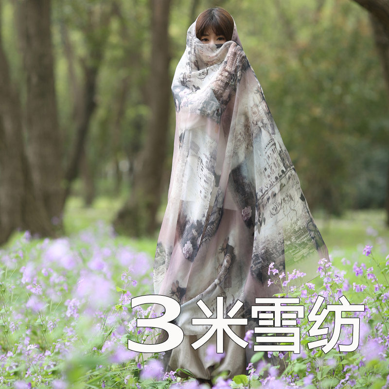 超大3米雪纺丝巾水墨画城堡印花防晒海边沙漠滩女长围纱拍照披肩