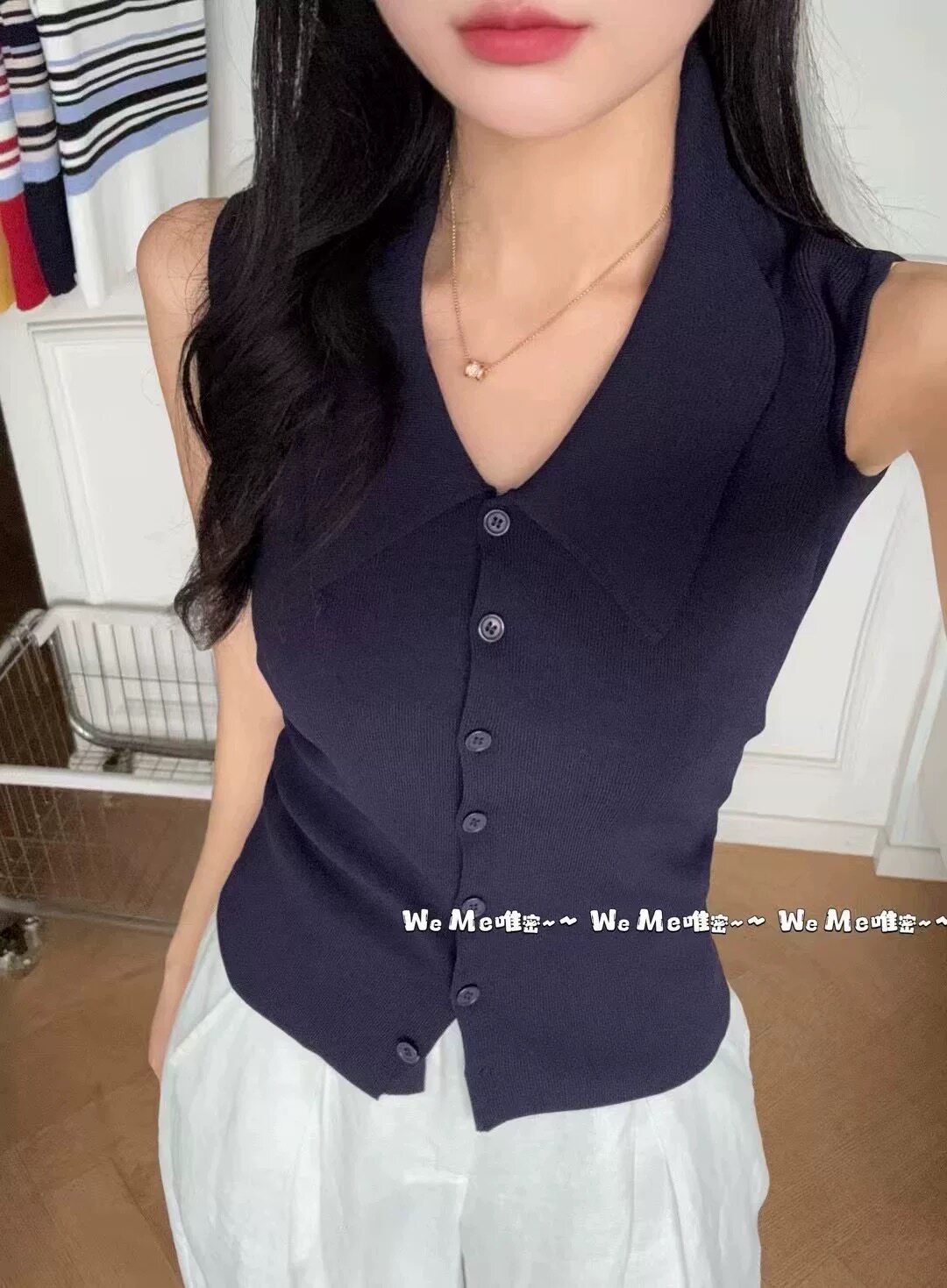 weme韩系翻领无袖针织衫女夏季2026新款polo领褶皱收腰开衫上衣