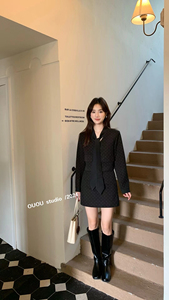 OUOU秋冬2024新款高级感波点飘带西装短外套高腰半身裙女两件套装