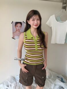 weme夏季2026新款法式复古撞色条纹针织背心女修身显瘦无袖上衣