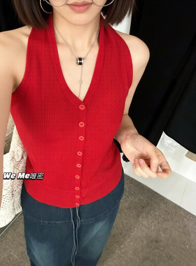 weme夏季2026新款复古无袖针织V领挂脖背心女设计感小众吊带上衣