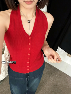 weme夏季2026新款复古无袖针织V领挂脖背心女设计感小众吊带上衣