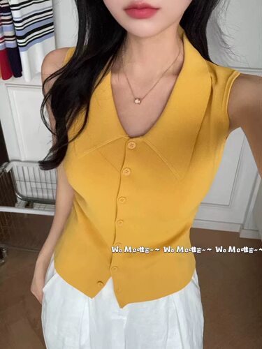 weme韩系翻领无袖针织衫女夏季2026新款polo领褶皱收腰开衫上衣