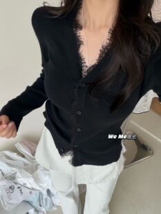 修身 weme纯欲风V领蕾丝花边长袖 2026新款 女春季 显瘦上衣 针织开衫