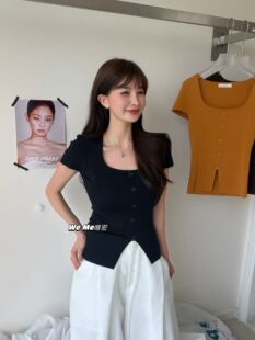 weme法式方领开叉针织短袖上衣女夏季2026新款气质修身显瘦外穿