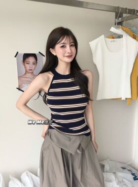 weme复古撞色条纹挂脖针织背心女夏季2026新款高级感气质无袖上衣