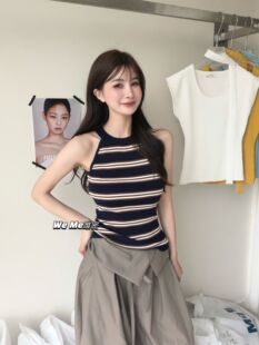 weme复古撞色条纹挂脖针织背心女夏季2026新款高级感气质无袖上衣