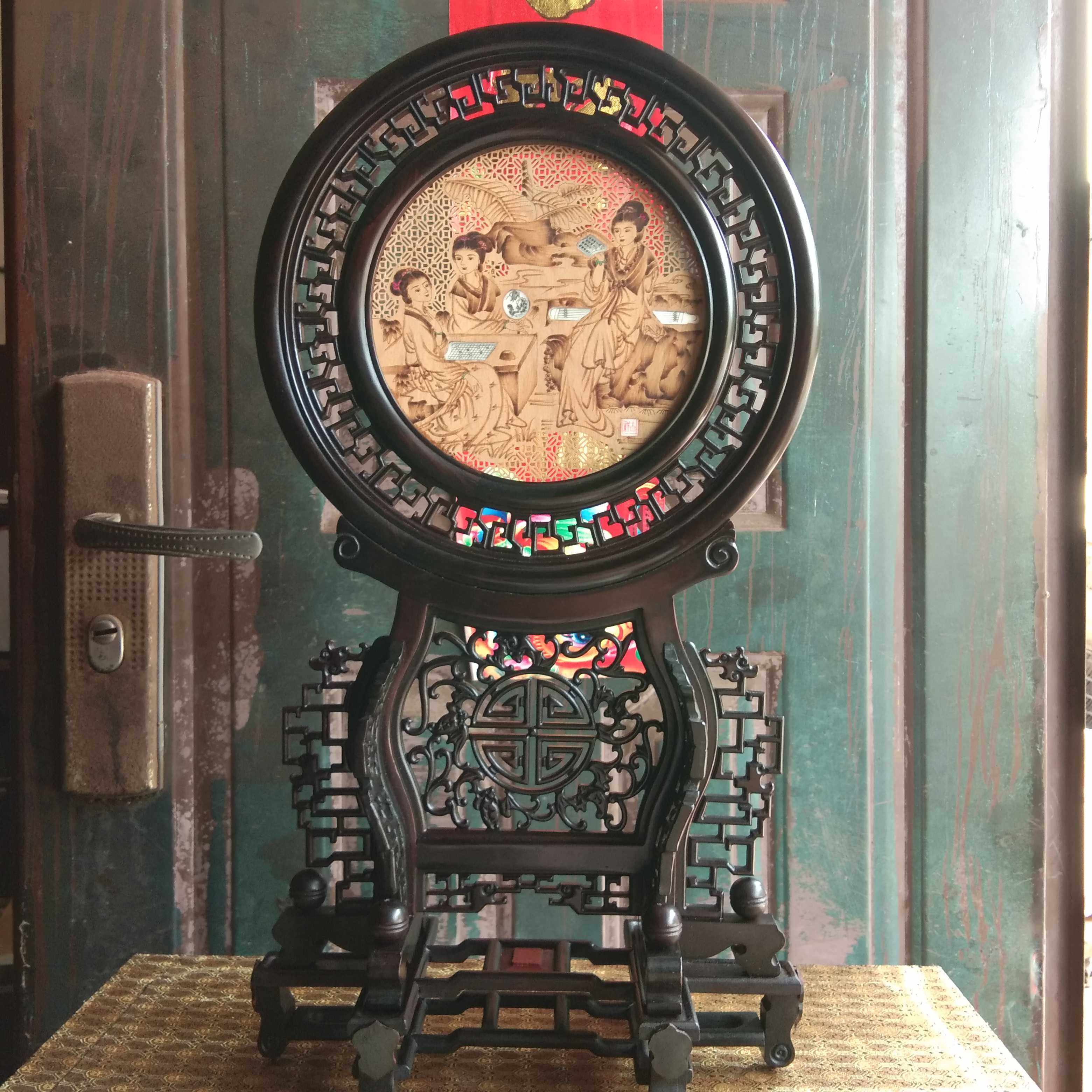 新古典檀香人物雕刻屏风纯手工制作紫光檀镂空雕刻室内摆件仕女图