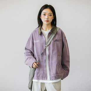 日系撞色翻领纱卡面料水洗卡哈特复古夹克工装cleanfit外套男女