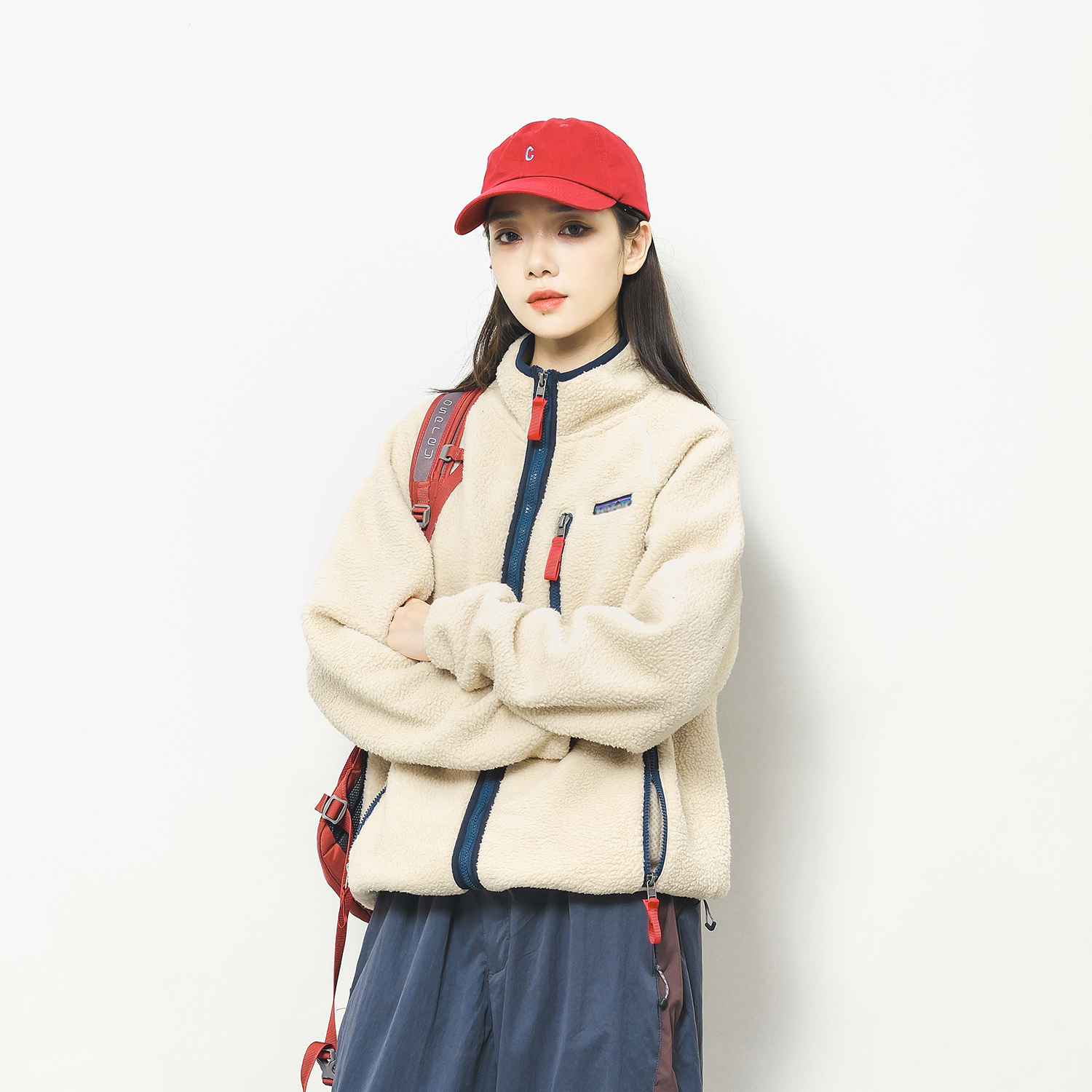 户外摇粒绒撞色拉链开衫夹克