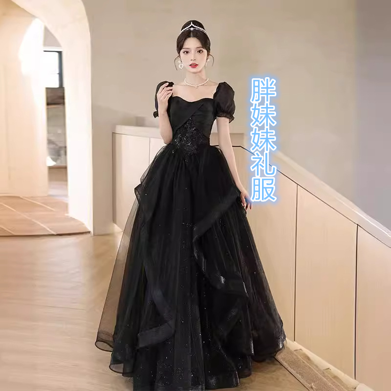 大码黑色晚礼服女胖MM显瘦2025新款成人主持公主高端轻奢小众演出