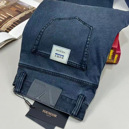 Youngor Spring New Thin Denim Jeans for Men, Business Casual, Four-Way Stretch, Slim Fit Long Pants Z333020Hwy