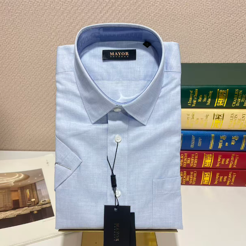 雅戈尔MAYOR短袖衬衫男夏季棉麻混纺浅蓝免烫衬衣14569