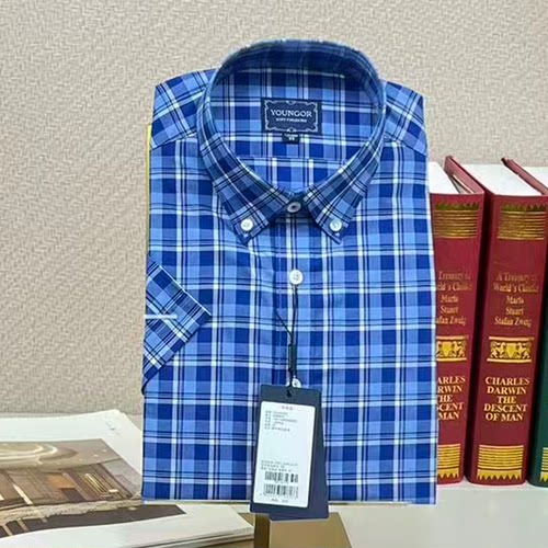 雅戈尔男士免烫全棉短袖格子衬衫