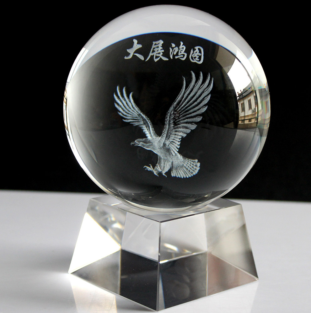 水晶球内雕3d鹰大展宏图摆件可定制照片logo图案