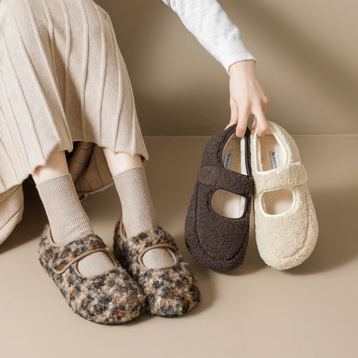 毛绒豹纹加绒厚底加绒保暖棉鞋内增高加绒玛丽珍毛毛鞋女