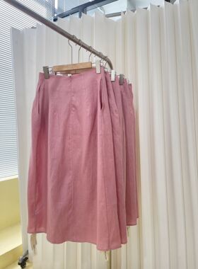 Cam 23SS草莓牛粉色100%亚麻花苞裙 夏季樱花粉半身裙