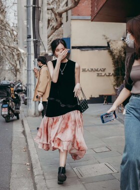 Layers 复古立体波浪大摆 玛丽红拼色无袖鱼尾裙连衣裙