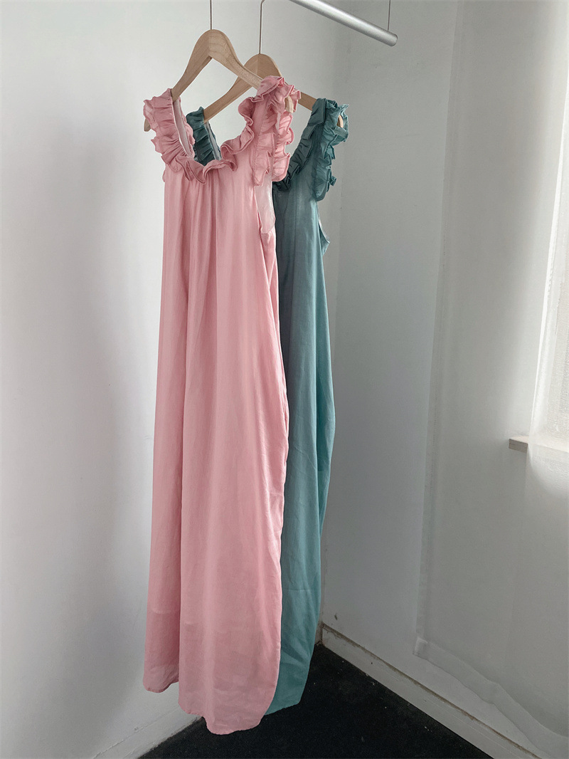 苎麻抽绳式连衣裙荷叶边中长款裙