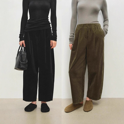 复古灯芯绒奶奶裤微锥阔腿八分裤