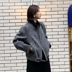 REWEAR/私服强推 羊驼毛羊毛格纹廓形双开拉链短款夹克外套11107