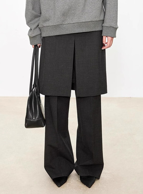 欧洲悬垂抗皱精纺羊毛时髦博主层次感假两件开叉微喇裙裤西装裤