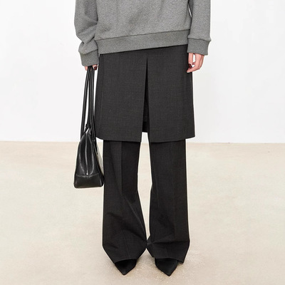 精纺羊毛假两件开叉微喇裙裤