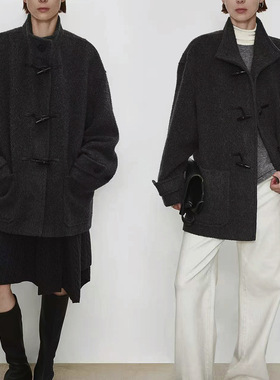 joc牛角扣大衣25秋冬松弛感羊驼毛廓形复古立领中长款大衣外套女