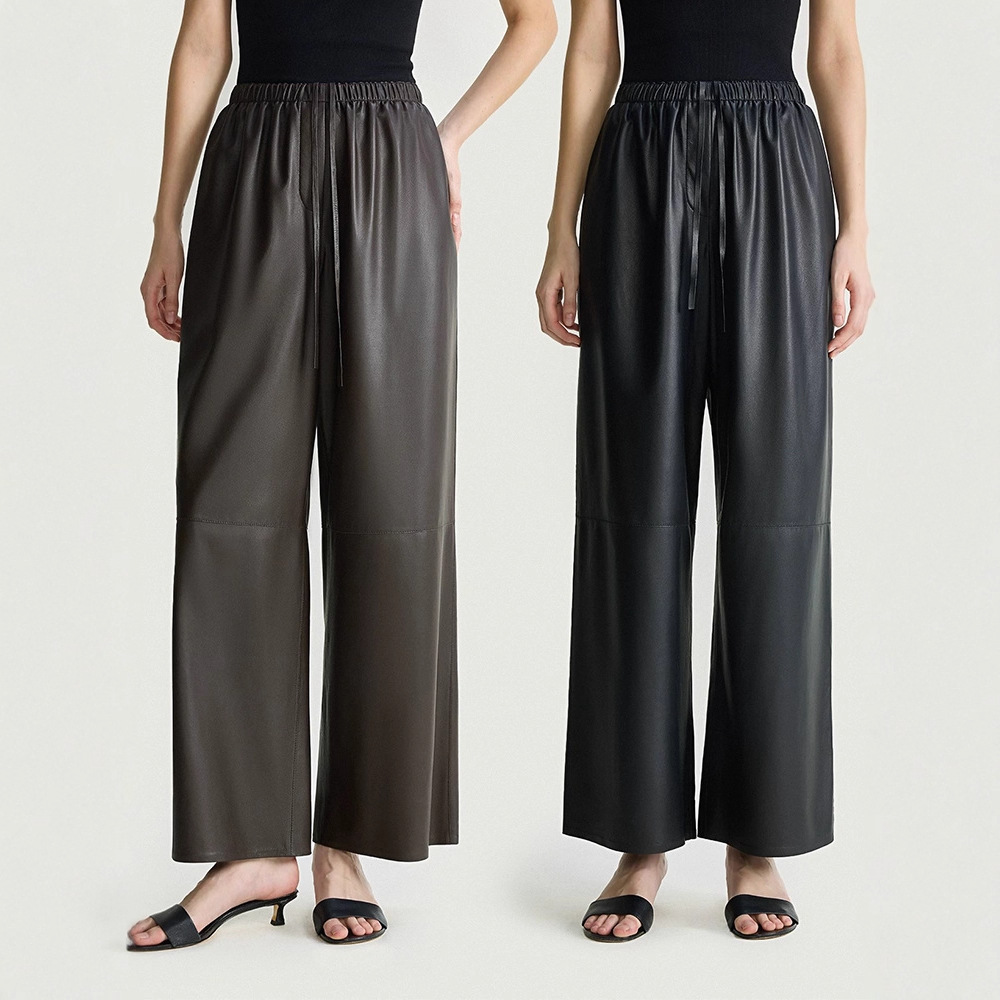 ROW风分割线抽绳直筒九分皮裤