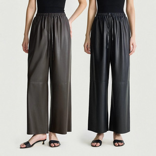 开间/英国进口chao薄柔糯羔羊皮 ROW风分割线抽绳直筒九分皮裤