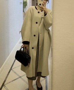 HUA夏花花 简约大气羊绒澳毛经典廓形无领双面手工大衣