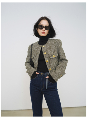 MRS Studios 经典气质金扣Ce风 小短款箱型四口袋粗花呢小香外套