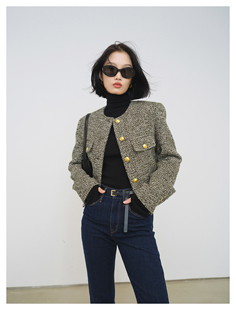 MRS Studios 经典气质金扣Ce风 小短款箱型四口袋粗花呢小香外套