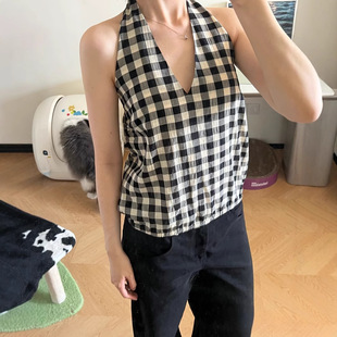 时髦百搭三色经典 格纹系带挂脖深V露背上衣女 正确版 nbs同款