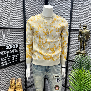 欧货高端提花圆领男士加厚针织衫秋冬季2025新款潮痞帅毛衣打底衫