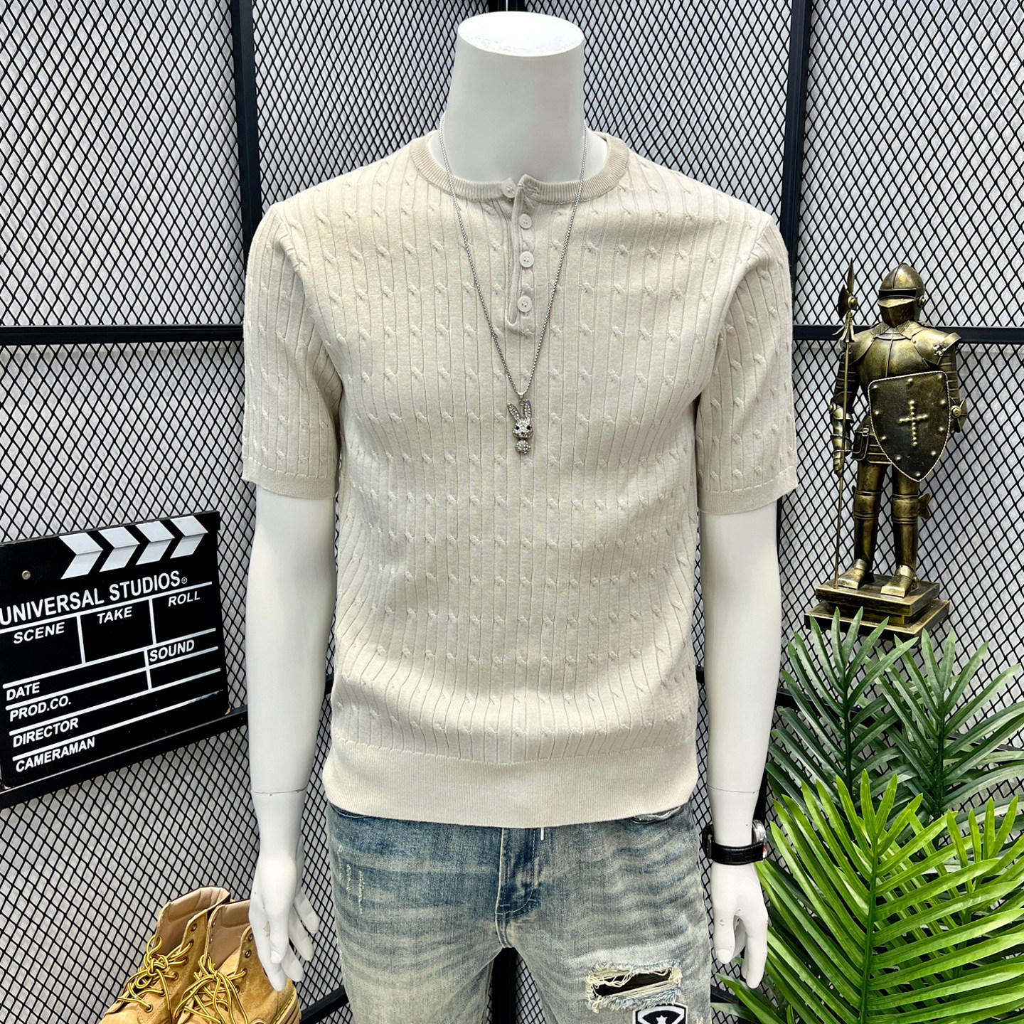 老钱风肌理冰感针织毛衣T恤男2026夏季新款高级感亨利领短袖潮牌