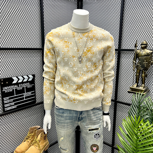 潮牌质感青年时尚 轻奢男装 欧洲站长袖 毛衣男士 提花休闲毛线衣 新款