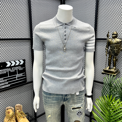 夏季新款潮流高端tb针织衫翻领男女款经典四条杠薄毛衣短袖POLO衫