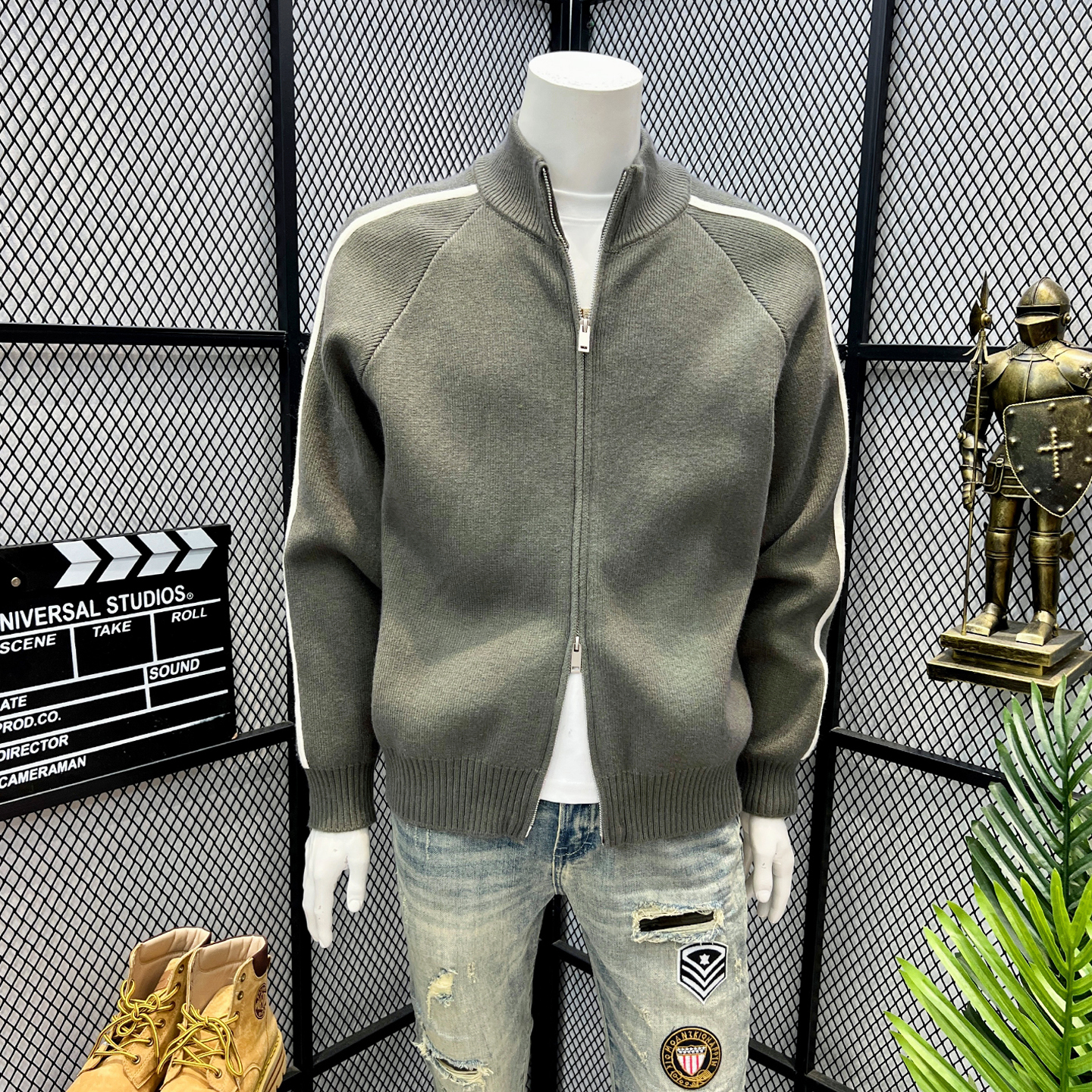 秋冬季外穿黑色开衫毛衣男款拉链加厚宽松复古潮牌立领针织衫外套