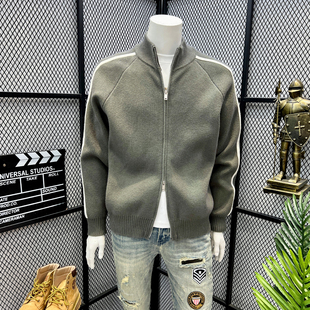 秋冬季外穿黑色开衫毛衣男款拉链加厚宽松复古潮牌立领针织衫外套