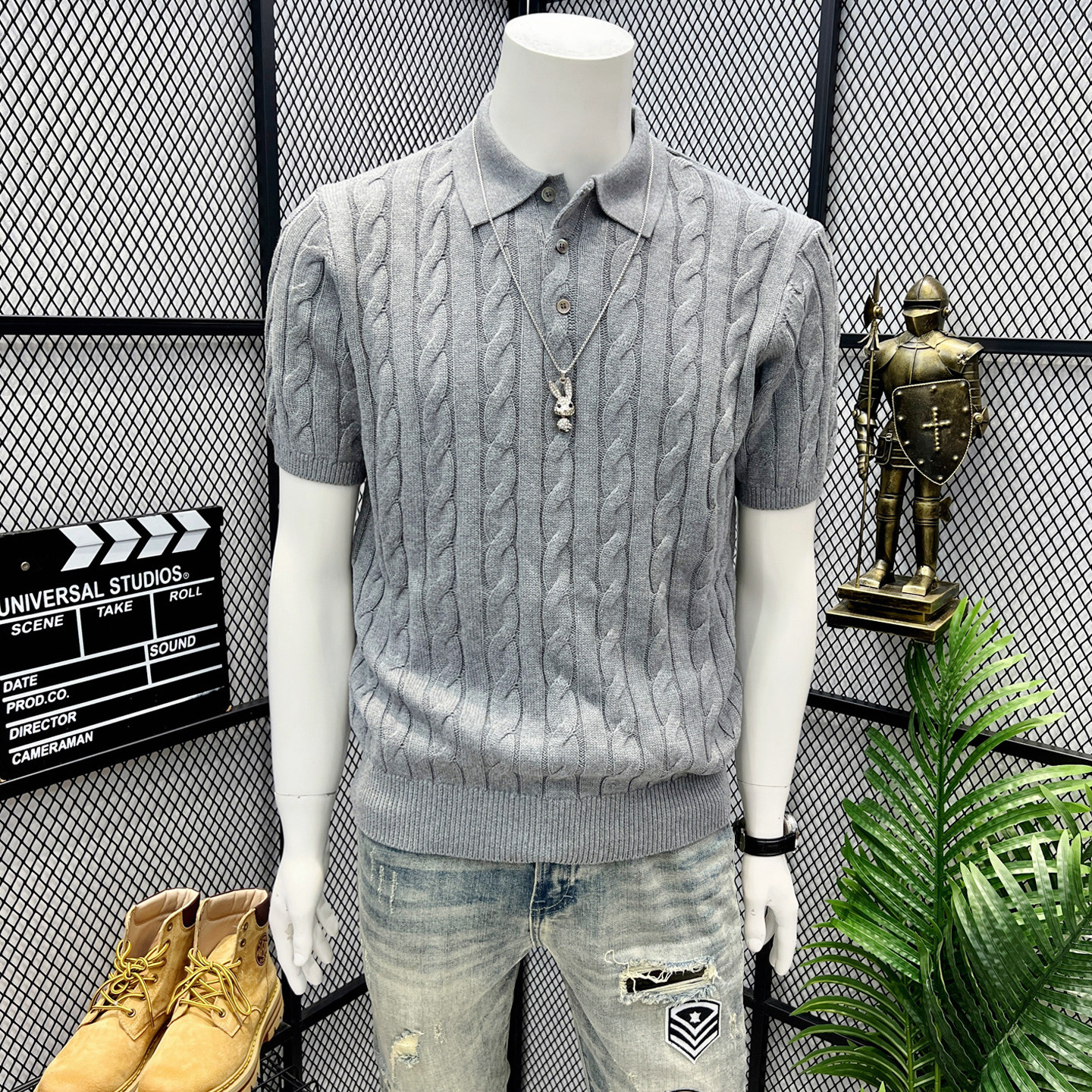 灰色麻花短袖针织POLO衫男夏季美式健身修身弹力t恤翻领复古上衣