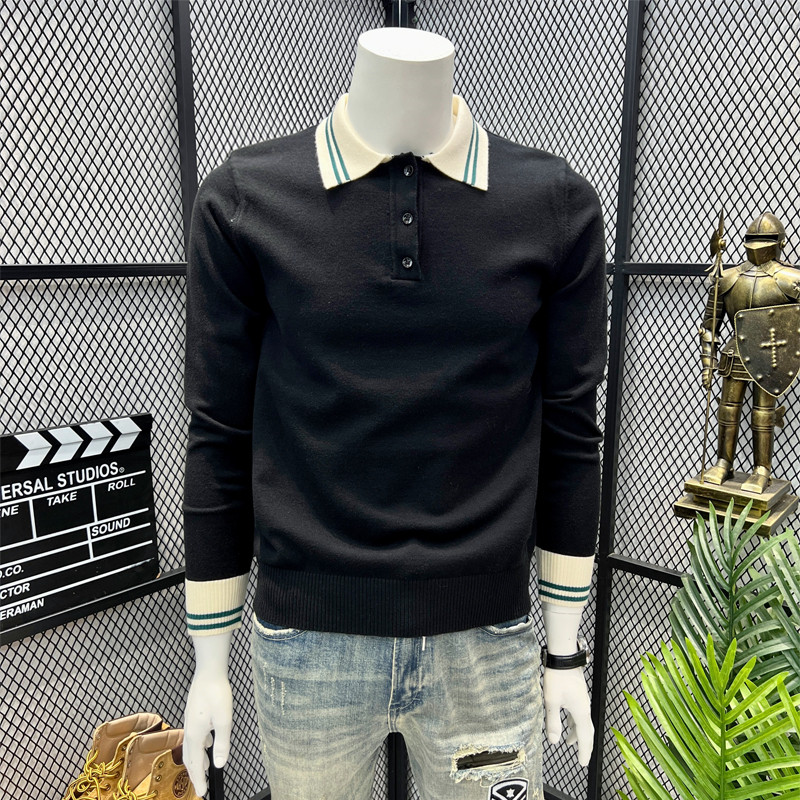 秋季轻奢风男款毛衣针织衫英伦复古拼色上衣服翻领修身男士polo衫