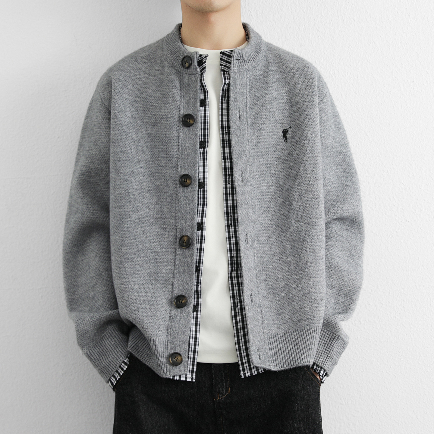 衬衫拼接假两件保罗开衫男针织衫秋冬款男装宽松休闲纯色毛衣外套