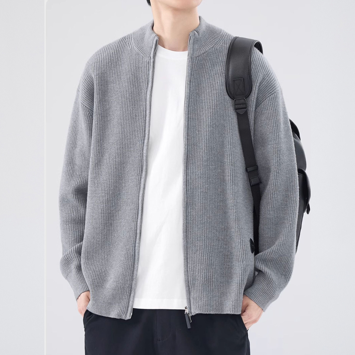 美式开衫拉链半高领毛衣男韩系高级设计感宽松休闲慵懒针织毛线衣